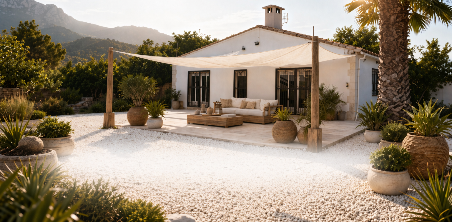 Finca La Peral, terras met witte kiezels en bergzicht